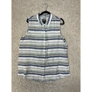 Jone New York Linen Blouse Womens XL Striped Sleeveless Top Button Up Beachy New